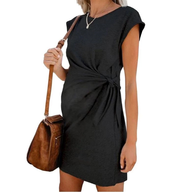 Discover the Comfort and Style of Our Cotton Tie Round Neck Maternity Dress